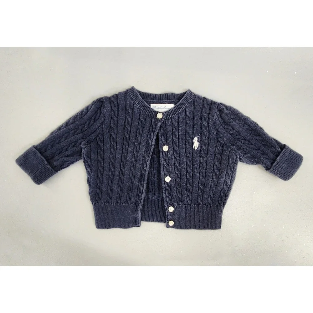Ralph Lauren Cardigan Baby 3M Navy Blue Cable Knit Button Front Pony Logo